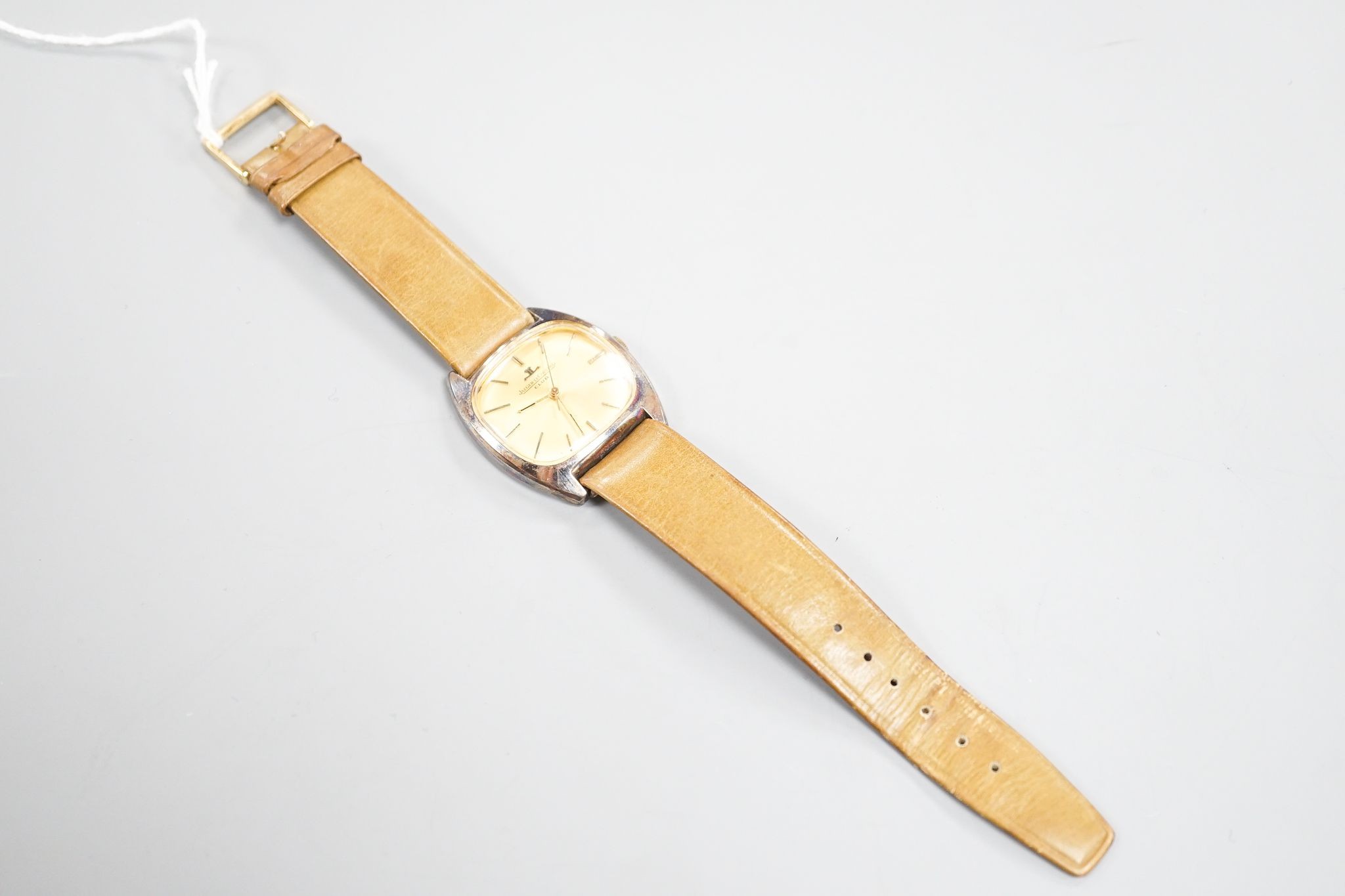A gentleman's stainless steel Jaeger LeCoultre Club manual wind wrist watch, on associated strap, case diameter 32mm.